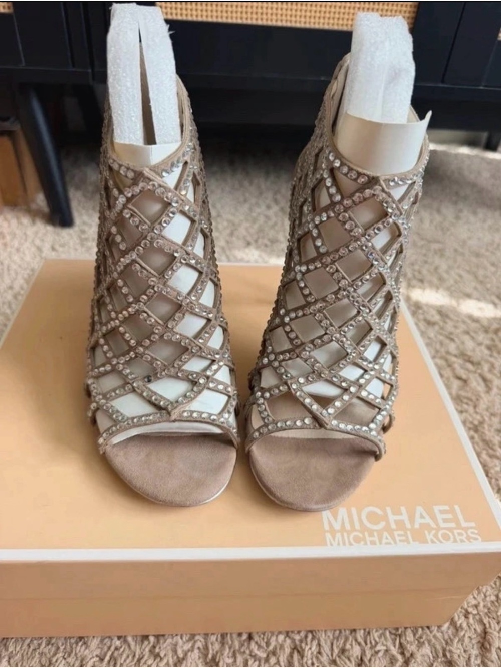 Michael Kors Yvonne Crystal Caged Suede Bootie Heels Khaki Size 7